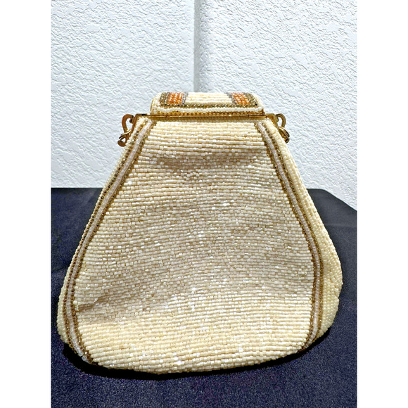 Vintage Art Deco Glass Beaded Purse Evening Clutch 1950s Delill Gold Frame Cream - Picture 5 of 12